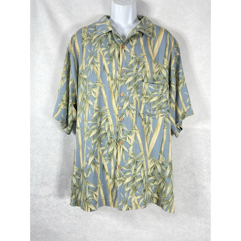 Jamaica Jaxx Shirt Mens XL Blue Green Button Up Bamboo Print 100% Silk